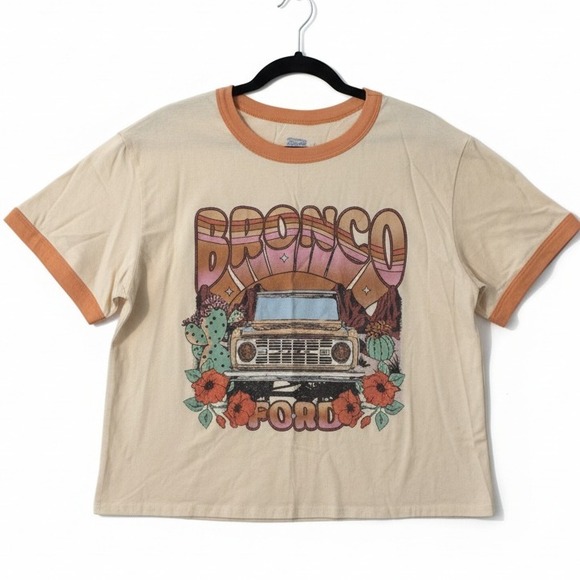 Ford Tops - Ford Bronco Graphic Ringer T Shirt Womens 2X Beige Orange‎ Retro Car Tee